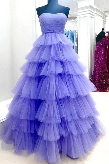 Strapless Purple Tulle Pageant Dress Evening Gown