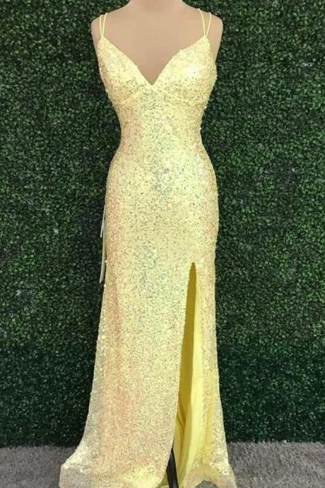 Yellow Sequin Prom Dress With Slit