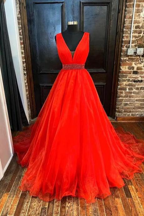 Plunging Neck Red Long Prom Dress