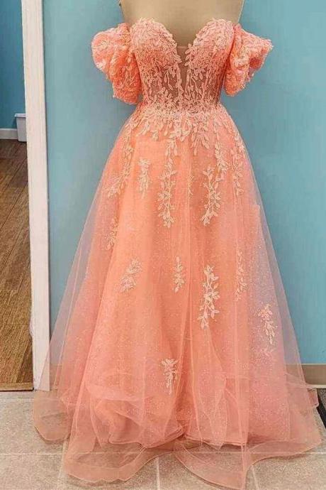 Sheer Bodice Coral Prom Dress With Detachable Puffy Sleeves