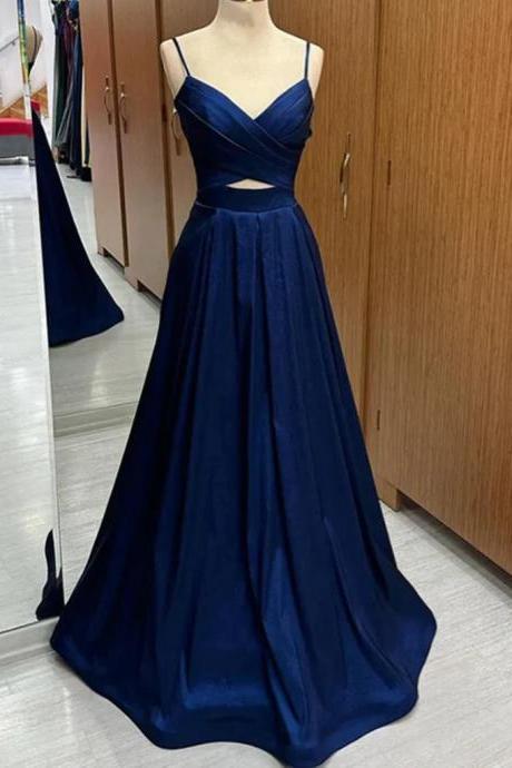Spaghetti Strap A-line Navy Blue Satin Long Prom Dress