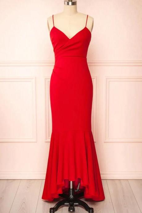 Spaghetti Straps Red Mermaid Pageant Dress Long Evening Gown