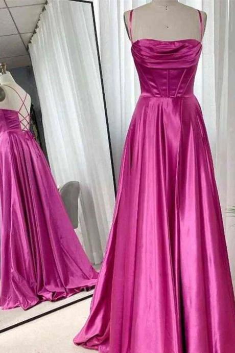 Fuchsia Long Satin Prom Dress