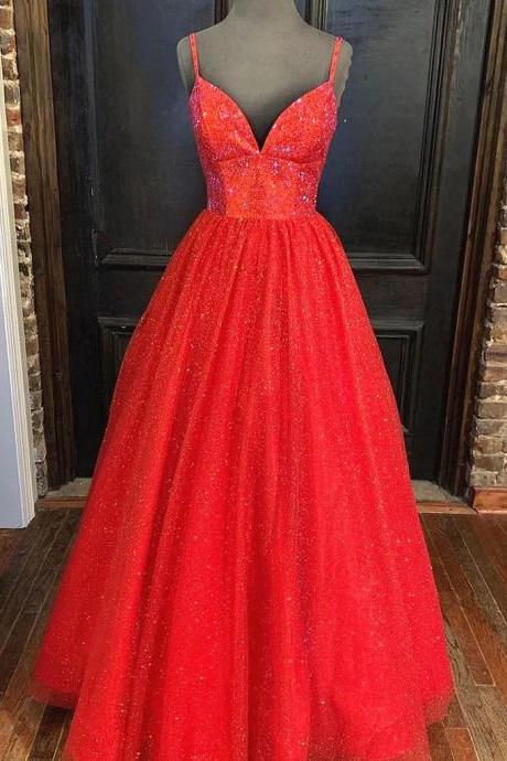 Red Glitter Tulle Long Prom Dress