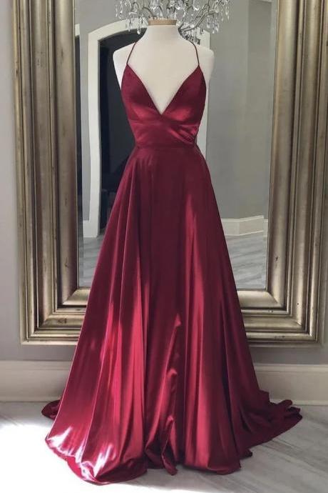 V Neck A-line Cherry Red Long Satin Prom Dress