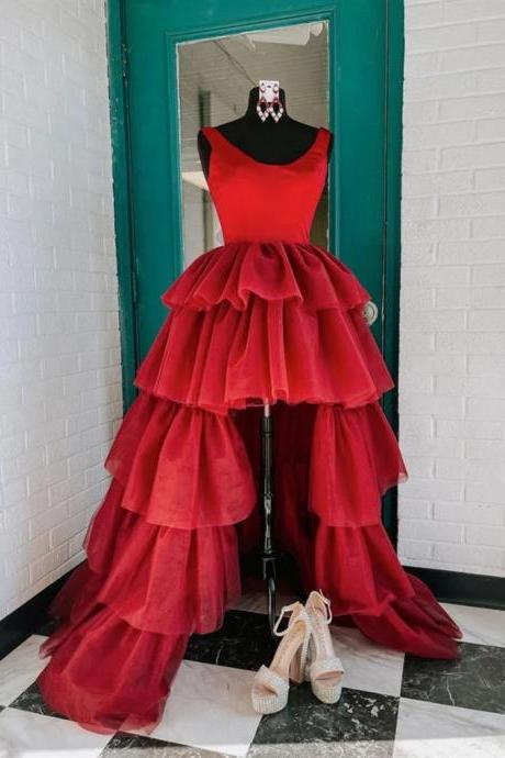 Scoop Neckline Red High Low Pageant Dress