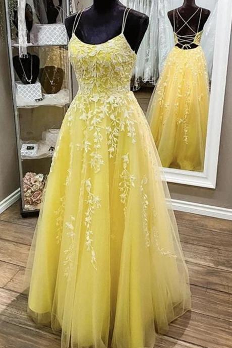 Scoop Neck Long Yellow Prom Dress With White Lace