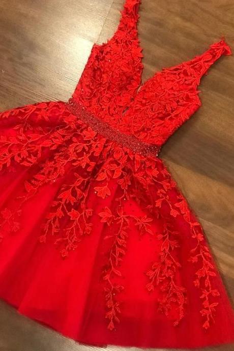 Red Lace Short Prom Dress