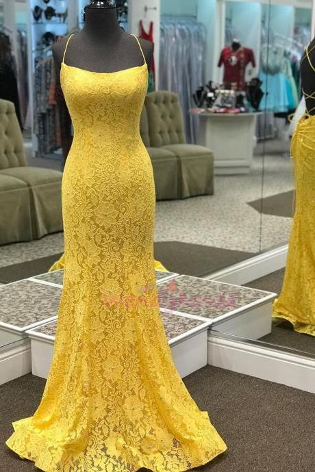 Sleeveless Scoop Neck Yellow Lace Prom Dress