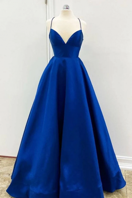 V Neck Royal Blue Satin Prom Dress