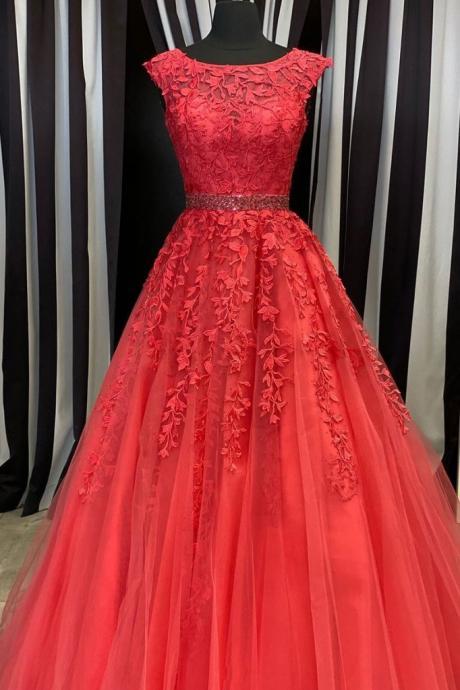 Cap Sleeves Red Lace Long Prom Dress With Beaded Waist