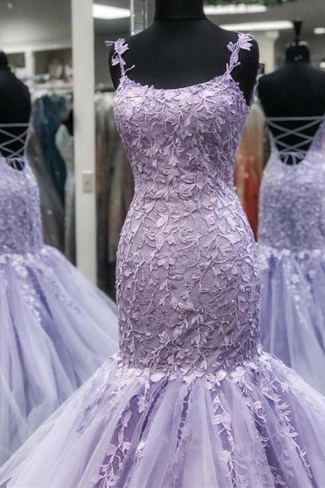Scoop Neck Lavender Mermaid Prom Dress