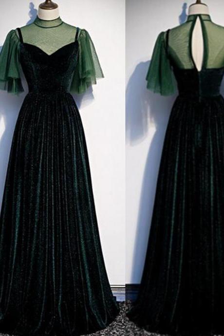 A-line Floor Length Dark Green Velvet Formal Occasion Dress Evening Gown