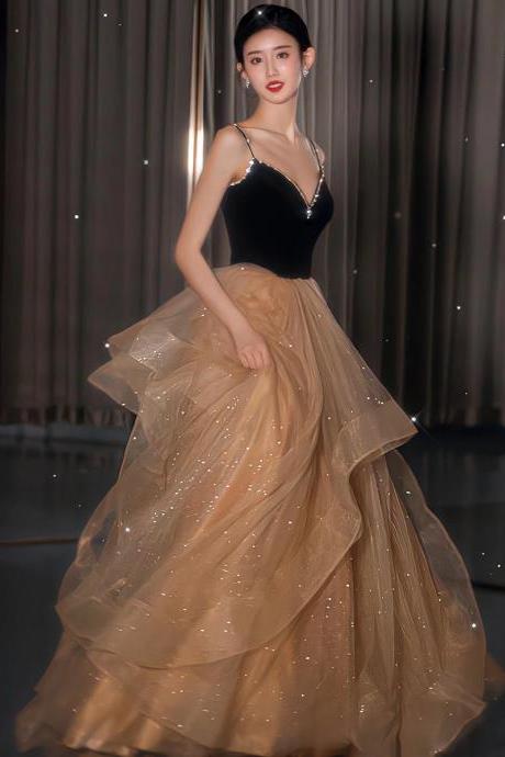 Glitter Champagne Formal Dress With Velvet Bodice