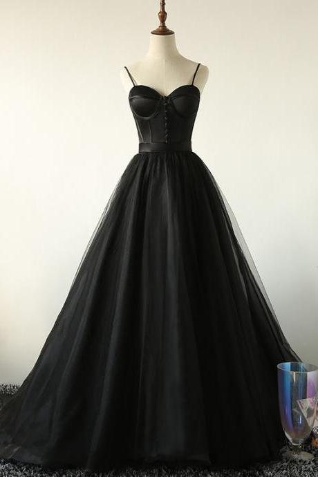 Spaghetti Straps Black Long Evening Gown Pageant Dress Party