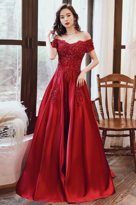 Off Shoulder Red Satin Long Evening Dress Formal Wear