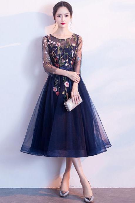 Half Sleeves Navy Blue Floral Embroidery Party Dress