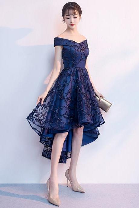 Off Shoulder Navy High Low Party Dress