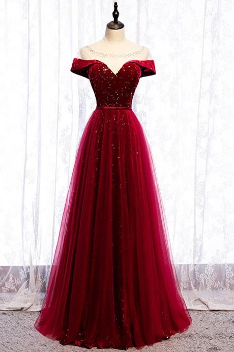 Sheer Neck Dark Red Long Formal Occasion Dress Evening Gown
