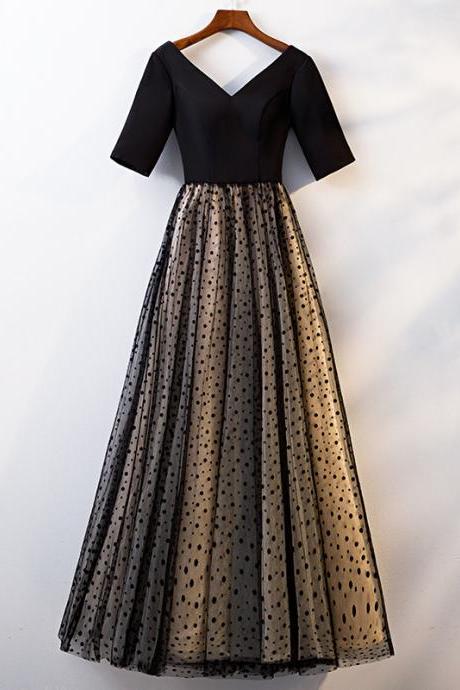 Half Sleeves Long Evening Gown With Dot Skirt