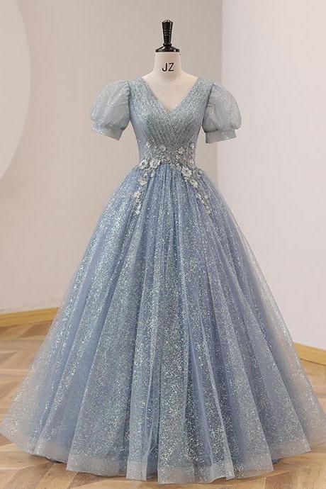 Latern Sleeves Blue Ball Gown Pageant Dress