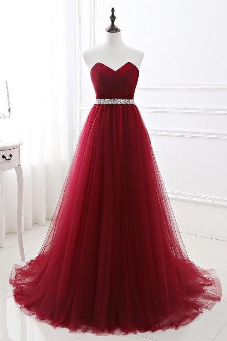 Sleeveless Dark Red Long Tulle Formal Dress Evening Gown