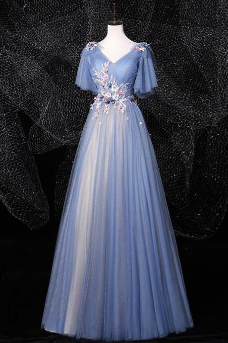 Flutter Sleeves Blue Long Pageant Dress Evening Gown