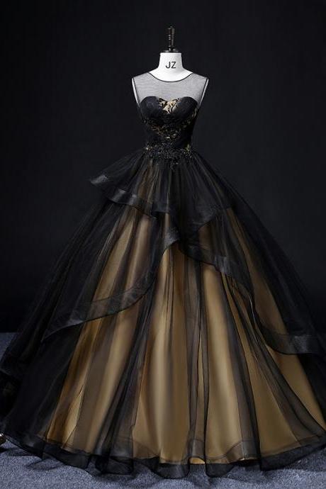 Sheer Sweetheart Neck Champagne Black Ball Gown Pageant Dress