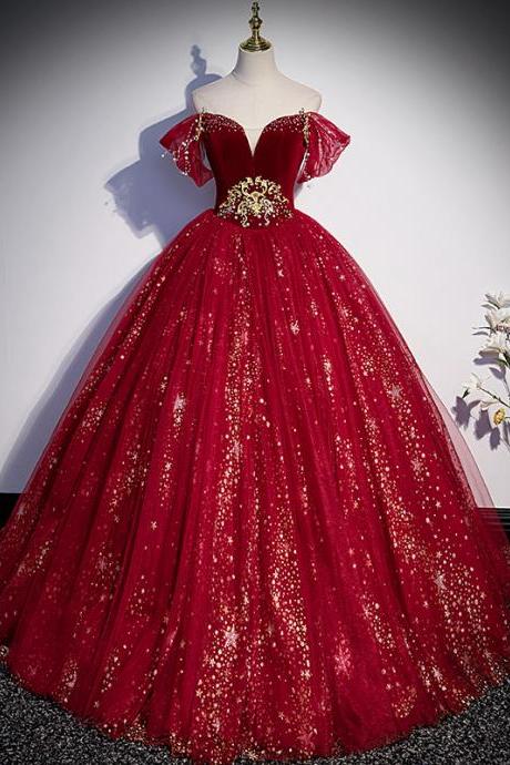 Red Ball Gown Pageant Dress With Removable Puffy Sleeves
