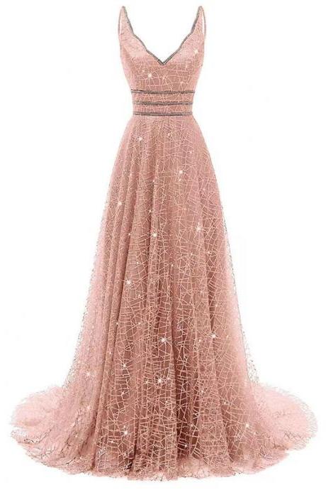V Neck A-line Glitter Floor Length Formal Dress