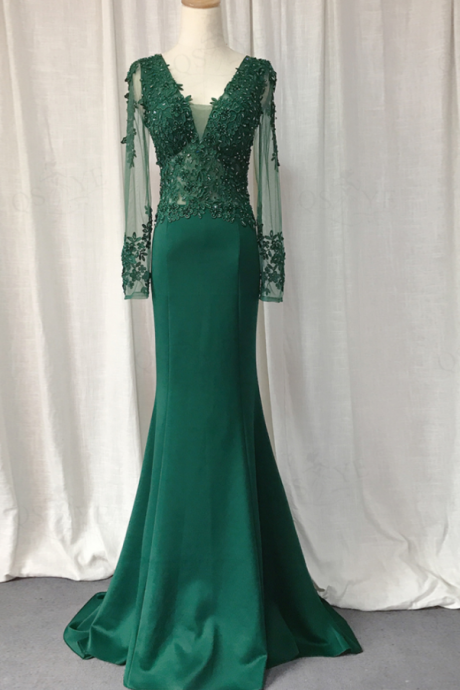 Sheer Long Sleeves Emerald Green Evening Gown