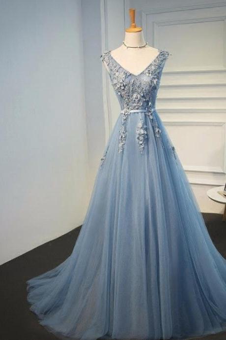 Blue V Neck Long Pageant Dress Evening Gown