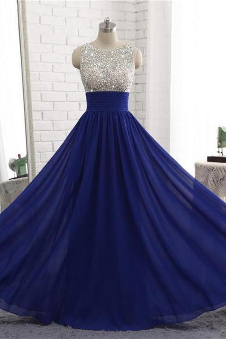 Floor Length Royal Blue Prom Dress With Beaed Sheer Bodice