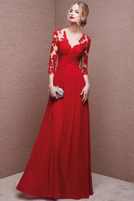 Half Sleeves Red Chiffon Evening Gown