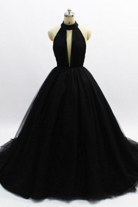 Halter Black Prom Dress With Keyhole Chest