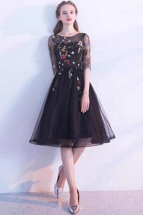 Half Sleeves Black Floral Short Party Dress