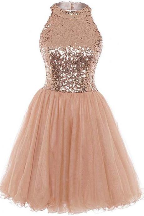 Sequin Bodice Short Hoco Party Dress With Keyhole Back