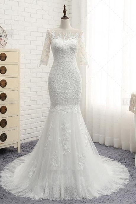 Half Sleeves Fit To Flare Bridal Dress