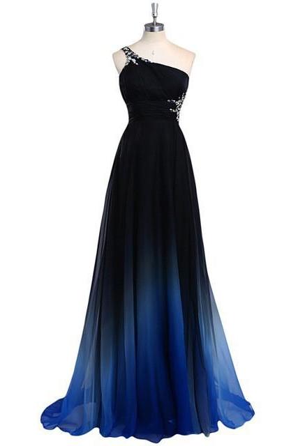 One Shoulder Evening Gown Ombre Chiffon Long Prom Dress