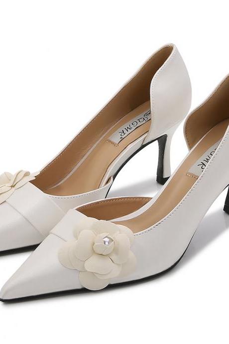Point Toe White Women Heels Shoes With 3d Flowers Decor