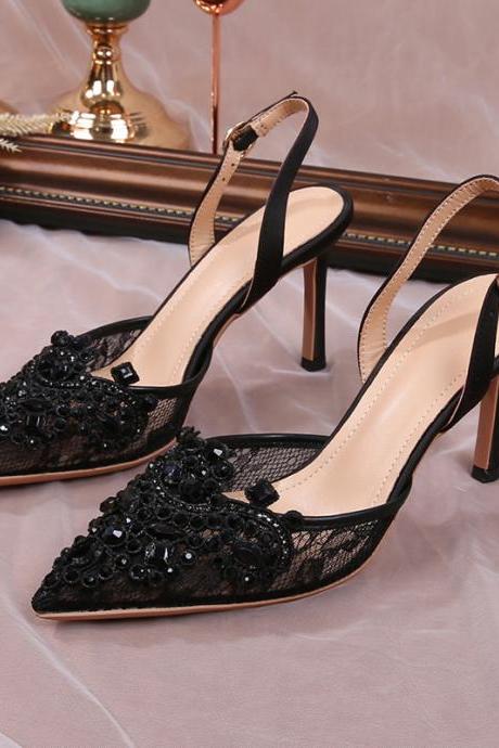 Crystal Declor Black Slingback Lace Shoes