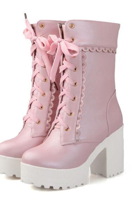 Chic Pastel Pink Lace-up Boots With Chunky Heel