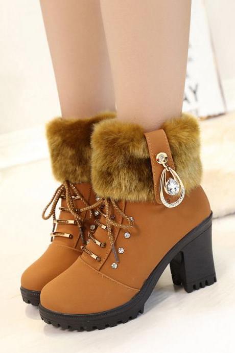 Chic Tan Faux Fur-lined Ankle Boots With Charm Accent