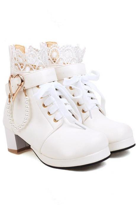 Lace Decor Block Heeled Ankle Boots