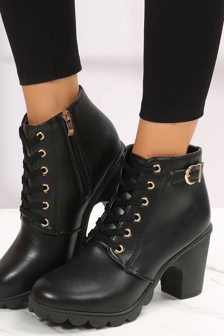 Leather-Look Chunky Heeled Ankle Boots in Black