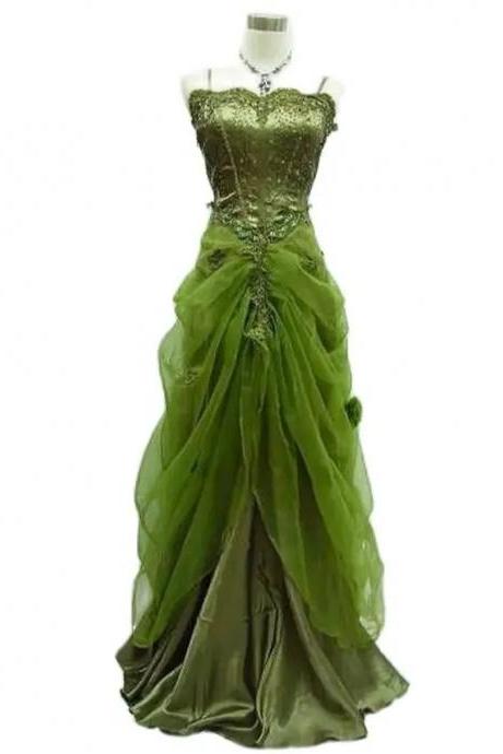 Spaghetti Straps Vintage Green Party Dress With Draping Skirt