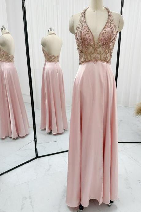 Halter Floor Length Backless Prom Dress