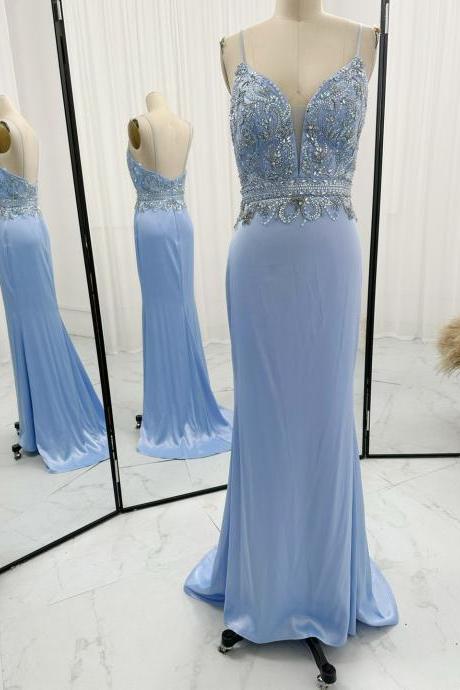 Plunging Neck Blue Sheath Prom Dress With Beaded Bodice