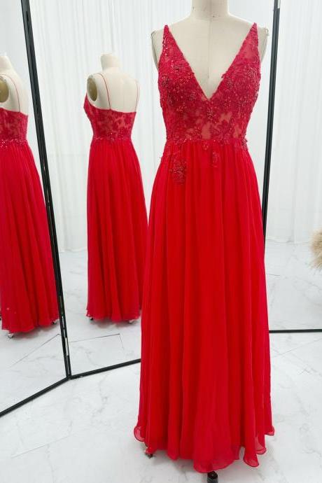 V Neck Floor Length Red Chiffon Prom Dress