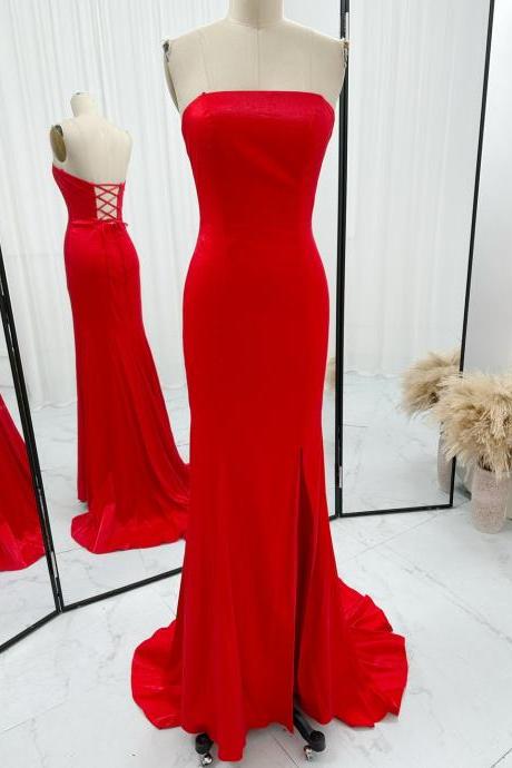 Strapless Red Prom Dress With Slit